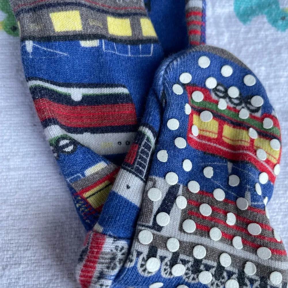 Hanna Andersson infant 6-12 Months blue train themed footie Pj